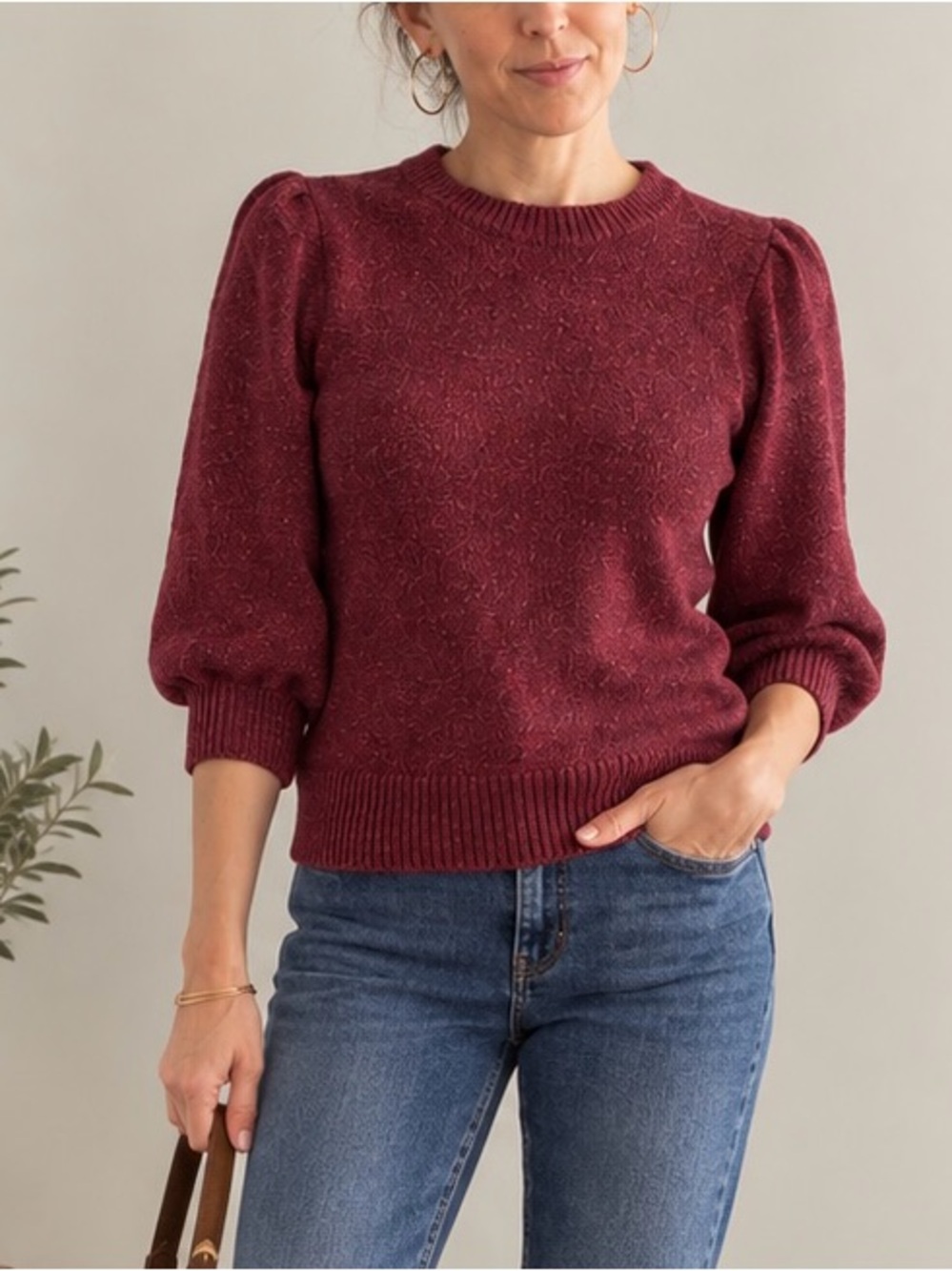 Evereve Cranberry Puff-Sleeve Crewneck Sweater (Organic Cotton)